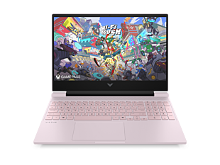 HP Victus 15.6 inch Gaming Laptop 15-fa2446TX, Pink - 15.6" - Powder pink, chrome logo (CV6P4PA) - Center facing