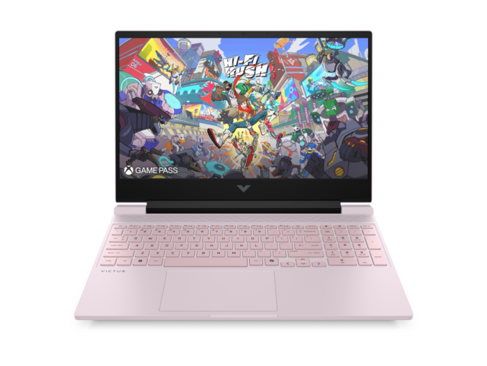 HP Victus 15.6 inch Gaming Laptop 15-fa2446TX, Pink - 15.6" - Powder pink, chrome logo (CV6P4PA) - Center facing